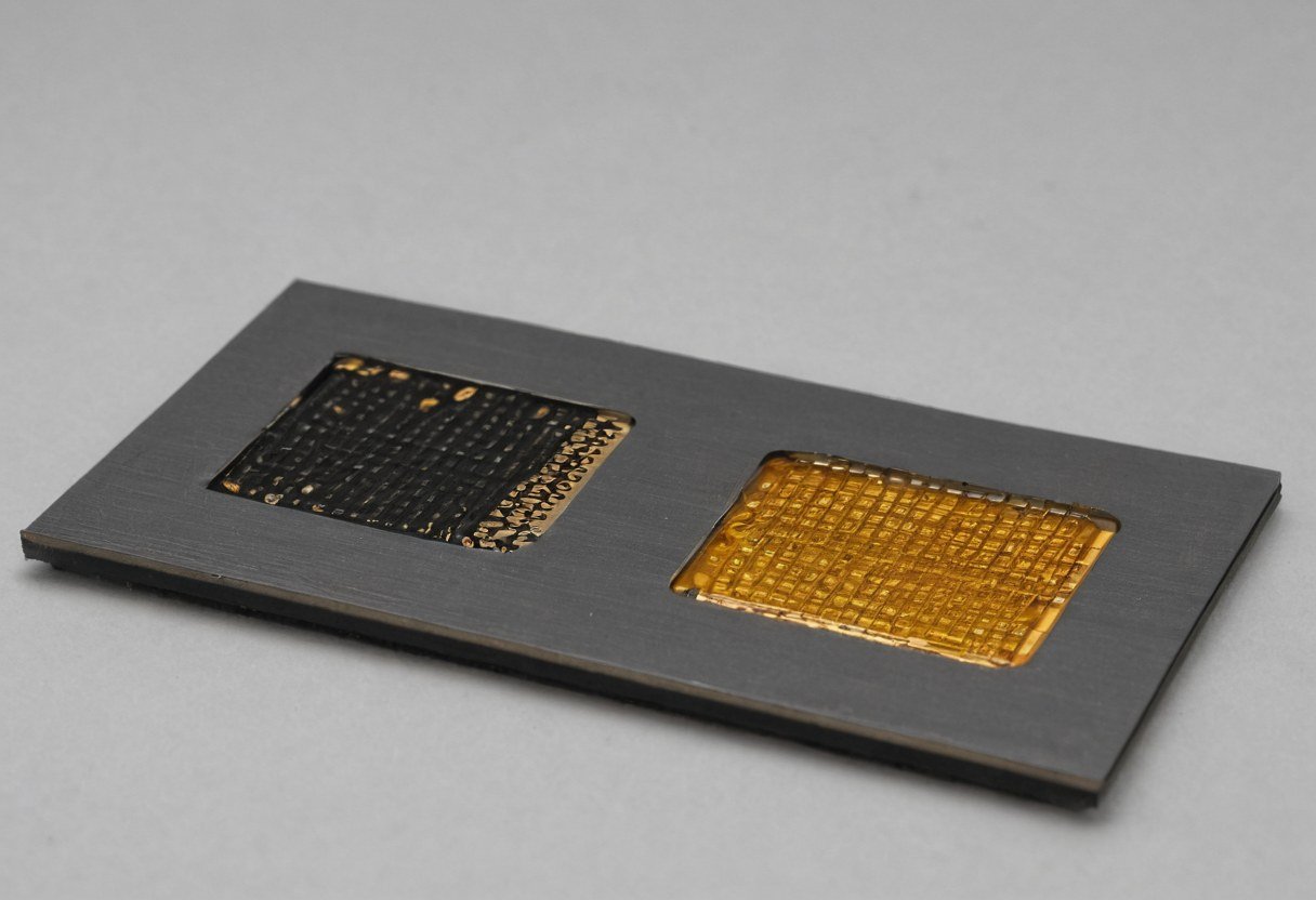 Dark substrate plate with two mesh-array windows, one black and one gold