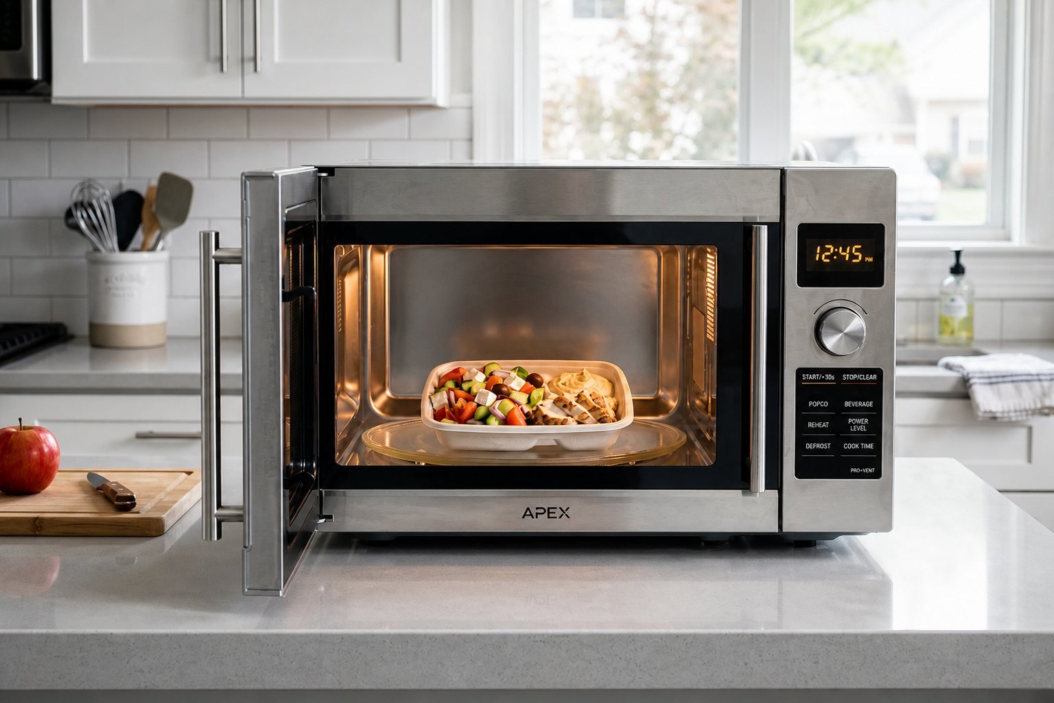 Stainless 'APEX' microwave, door open, with a salad-and-chicken dish inside, on a kitchen counter