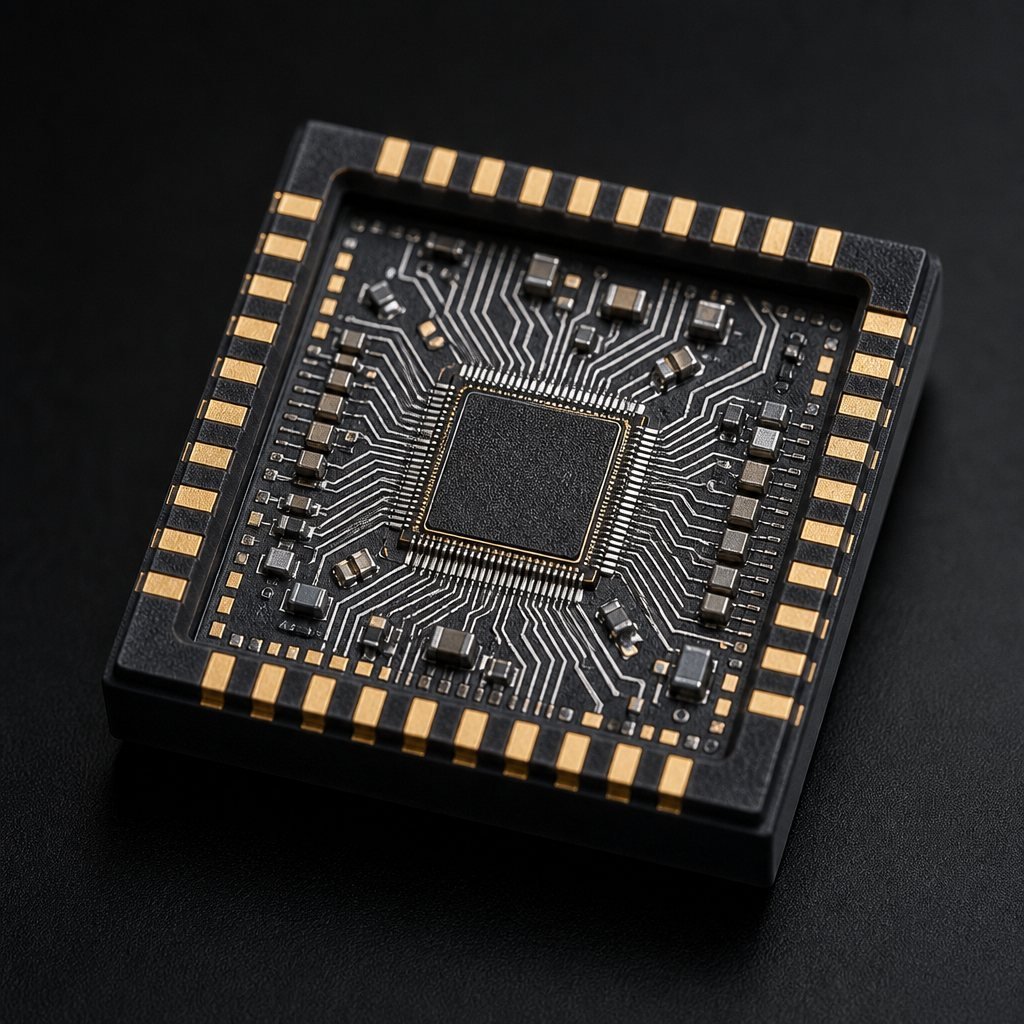 Close-up of a black chip module with gold edge pads, a central QFP chip, traces and passives