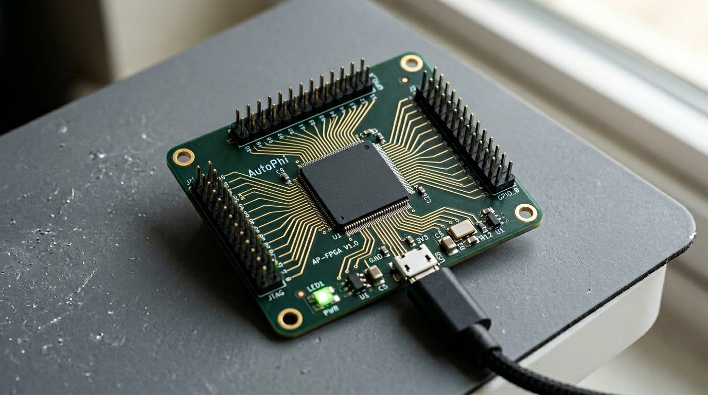 Green dev board with 'AutoPhi' and 'AP-FPGA V1.0' silkscreen, a QFP chip, pin headers, a green PWR LED and a USB cable