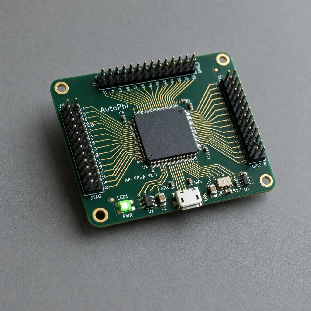 Green 'AutoPhi AP-FPGA V1.0' dev board with JTAG/GPIO headers, a QFP chip, a green PWR LED and a micro-USB port, on grey