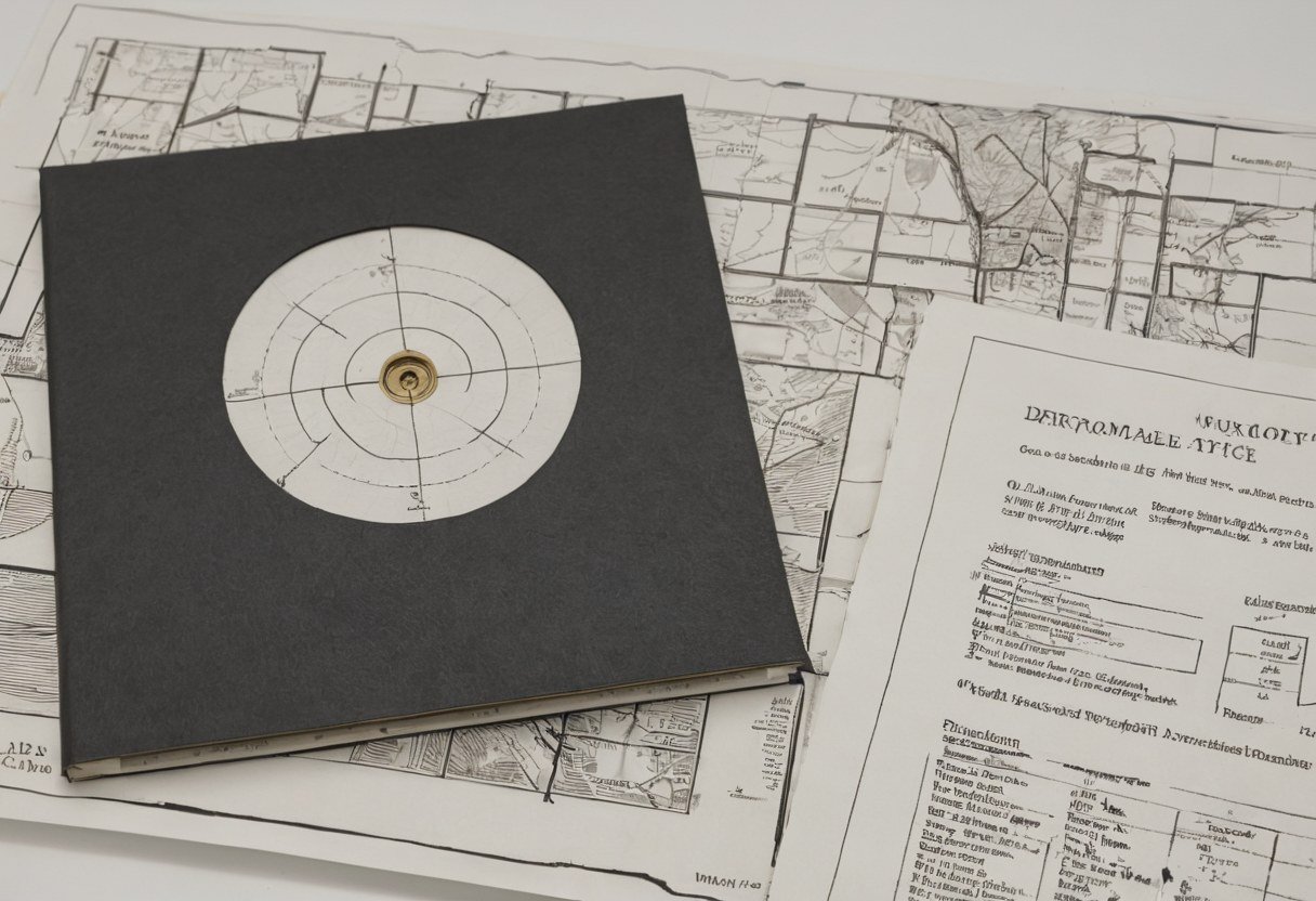 Dark folder with a white dial disc and brass center, lying on maps and a printed form