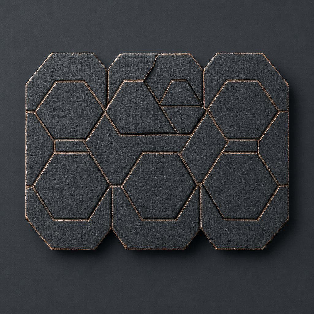 Abstract dark textured plate cut into hexagon tiles with copper outlines on a dark background