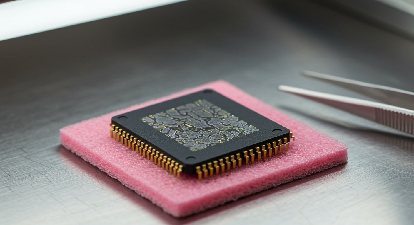 Single chip package on pink anti-static foam with tweezers