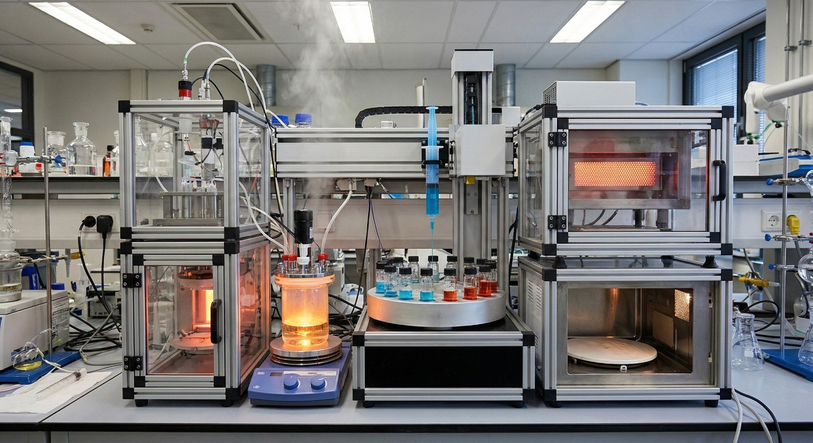 Automated chemistry lab rig: glowing heating chambers, syringe pump, vial carousel