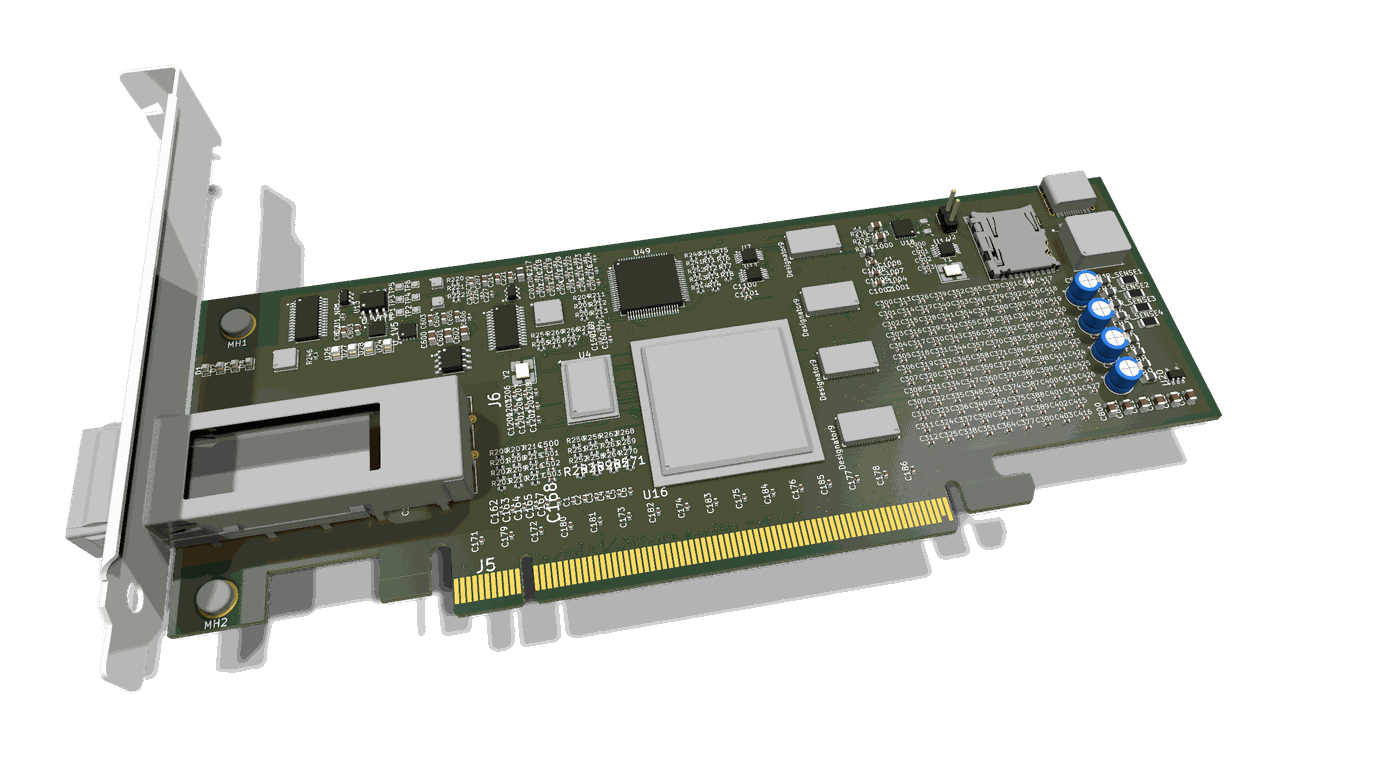 AutoPhi PCIe&nbsp;5.0 &middot; QSFP28 Optical &middot; BGA‑256 accelerator card, 3D render from KiCad source