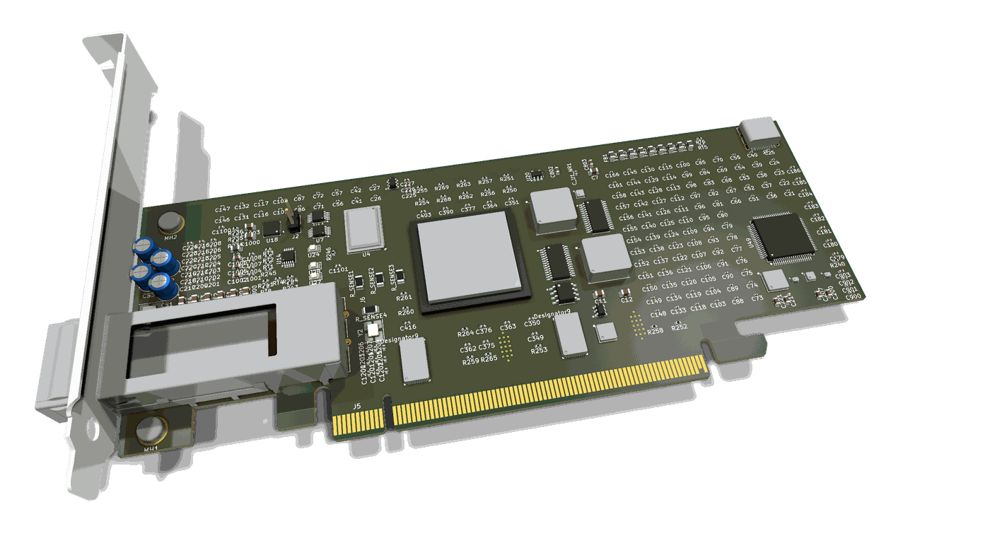 AutoPhi PCIe&nbsp;5.0 &middot; QSFP28 Optical &middot; BGA‑900 accelerator card, 3D render from KiCad source
